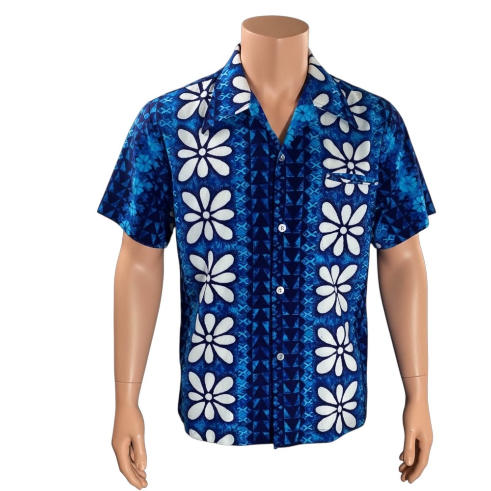 Made In Hawaii Brand Aloha Shirt Large Floral Tribal Symbols Blue White